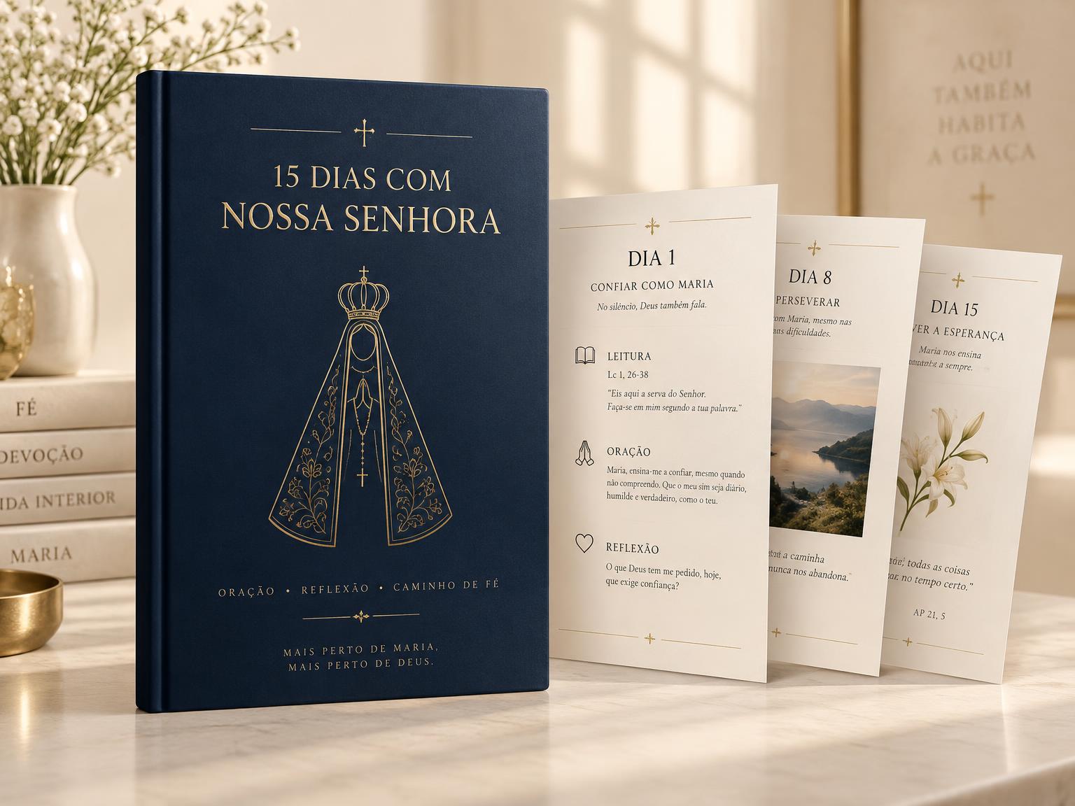 Capa e páginas internas do guia 15 Dias com Nossa Senhora